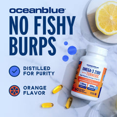 Oceanblue orange-flavored softgels on plate indicate burpless, tasty daily use.