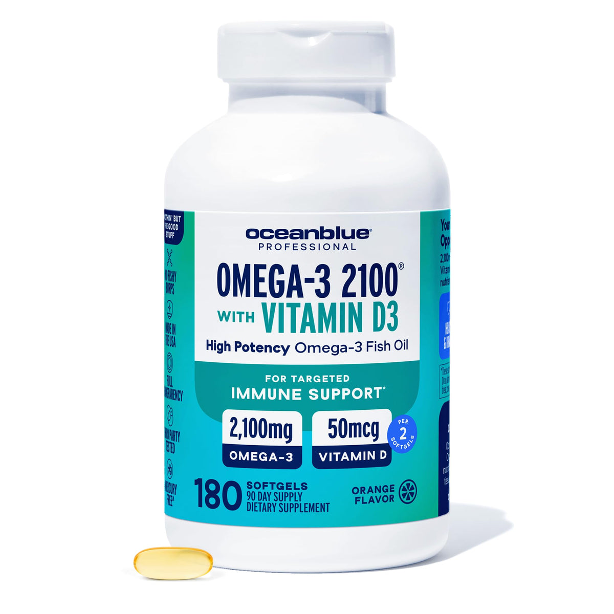 Oceanblue Professional Fish Oil bottle front showing orange burpless softgels for daily omega-3.