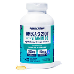 Oceanblue Professional Fish Oil bottle front showing orange burpless softgels for daily omega-3.