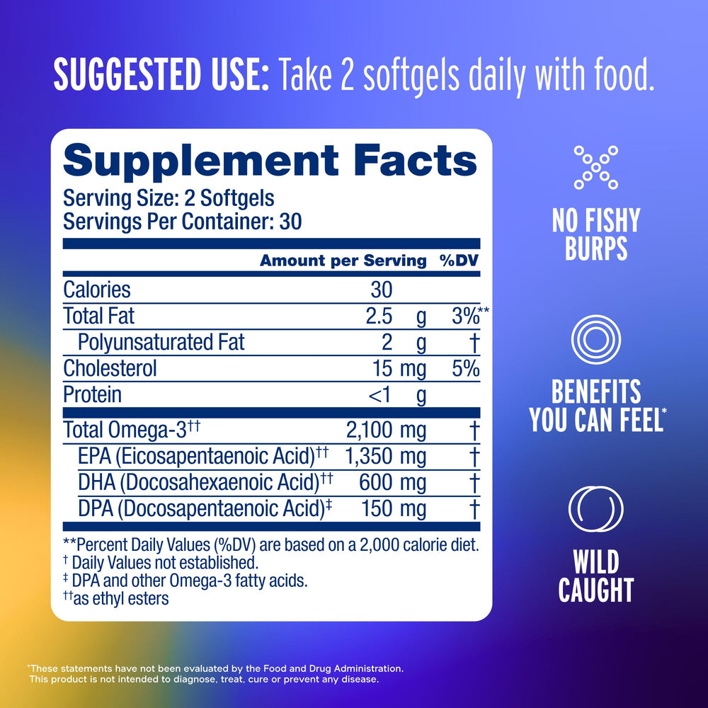 Oceanblue Omega-3 2100mg capsules close-up showing burpless design.