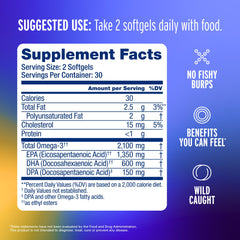 Oceanblue Omega-3 2100mg capsules close-up showing burpless design.