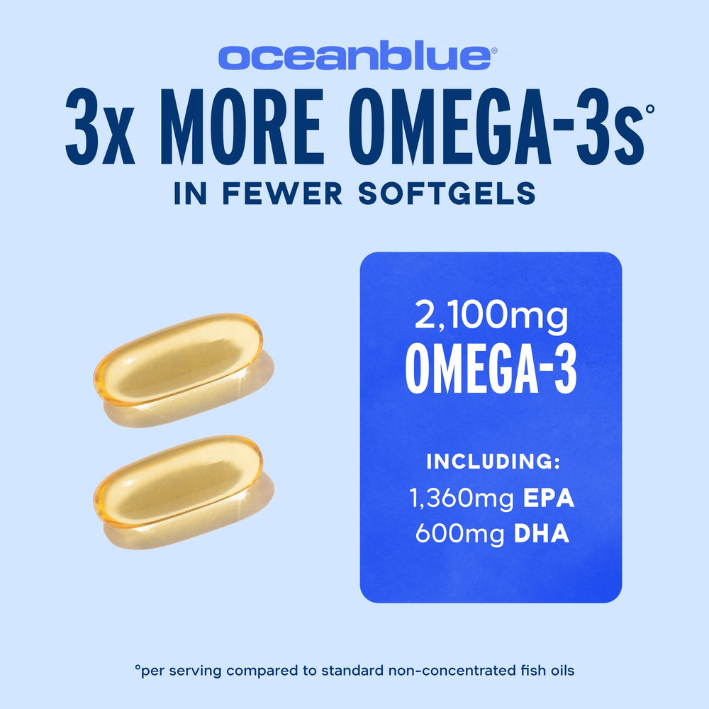 Oceanblue Omega-3 2100mg bottle label featuring natural orange flavor.