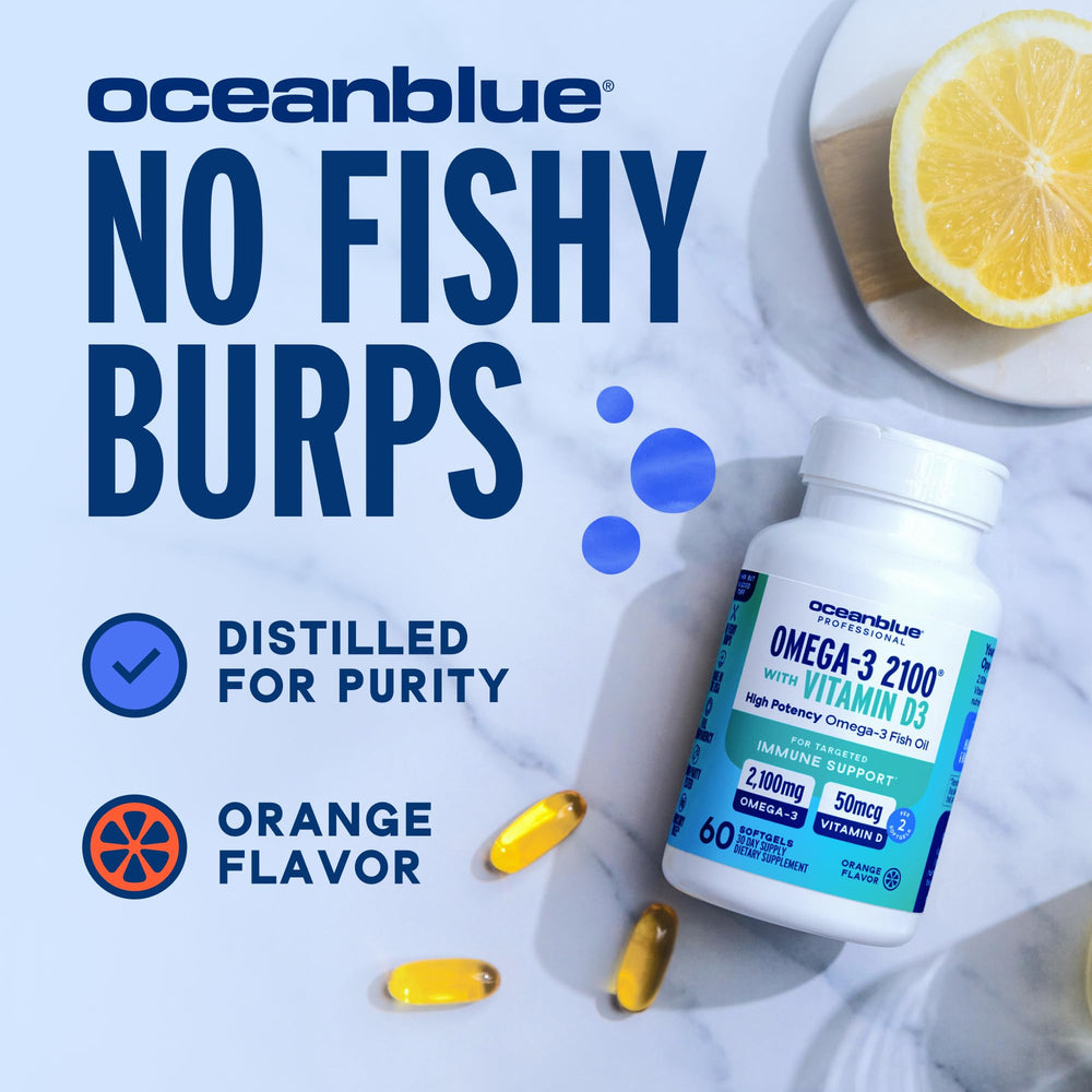 Wild-caught, sustainable sourcing label on Oceanblue bottle.