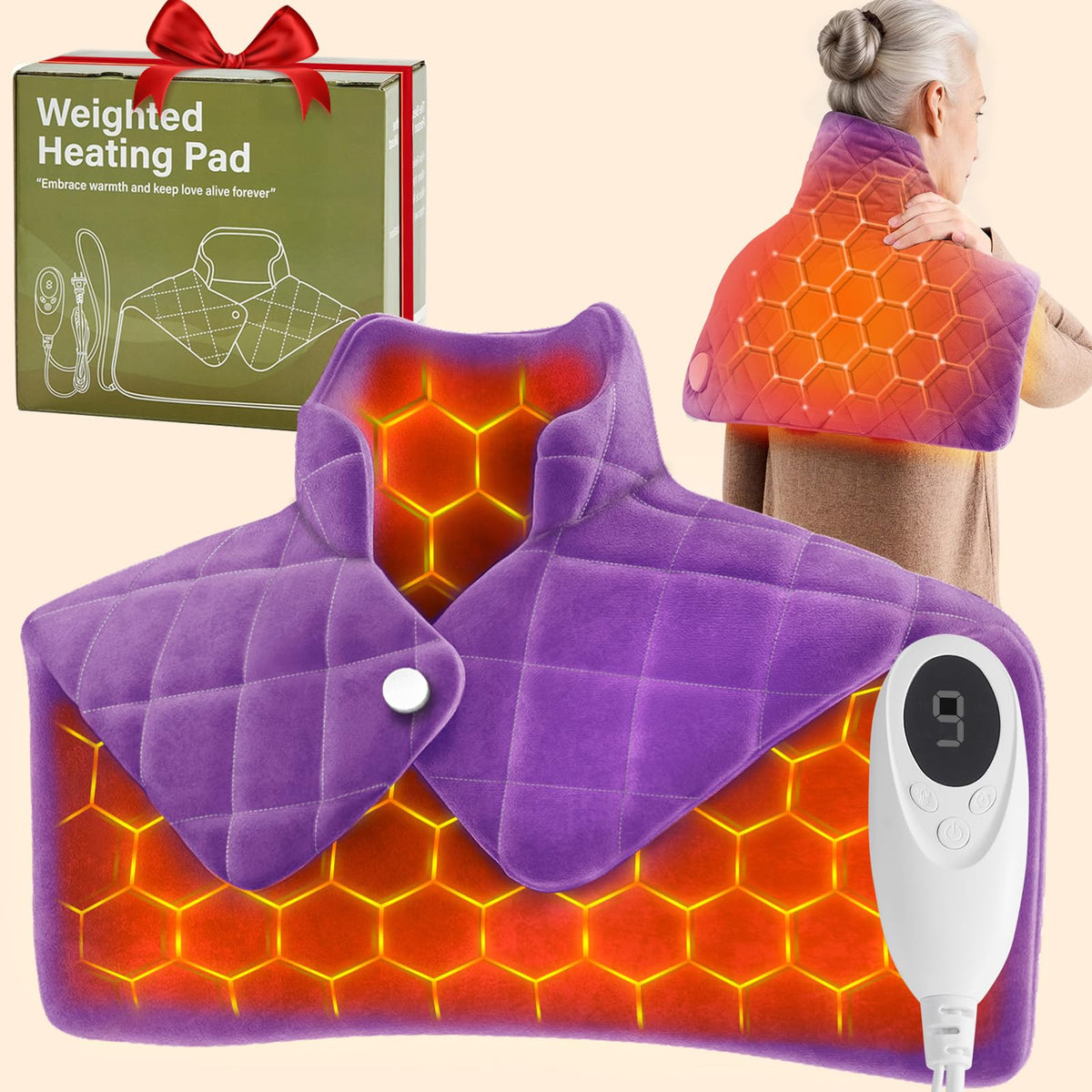 OCTROT 3 lb purple weighted heating pad on neck and shoulders for targeted warmth and relaxation