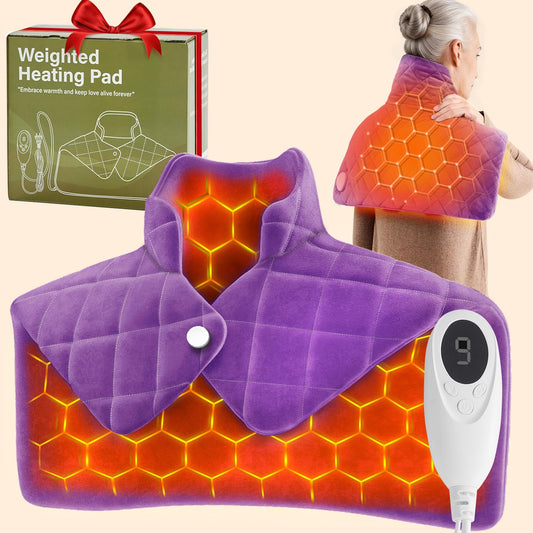 OCTROT 3 lb purple weighted heating pad on neck and shoulders for targeted warmth and relaxation