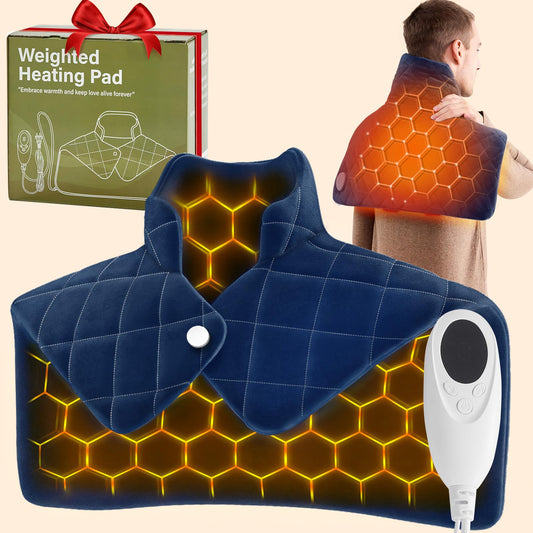OCTROT navy weighted heating pad on neck and shoulders provides even warmth for relaxation.