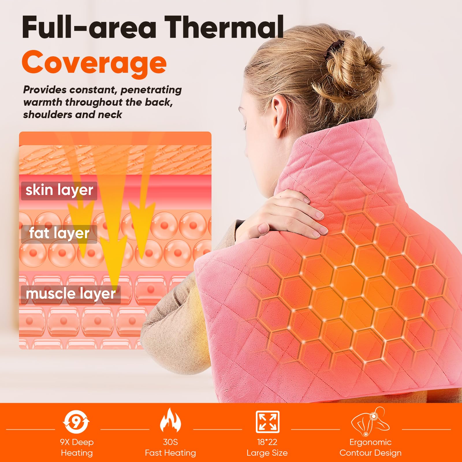 OCTROT back coverage pink heating pad in 18x22 inch size for full upper body warmth.