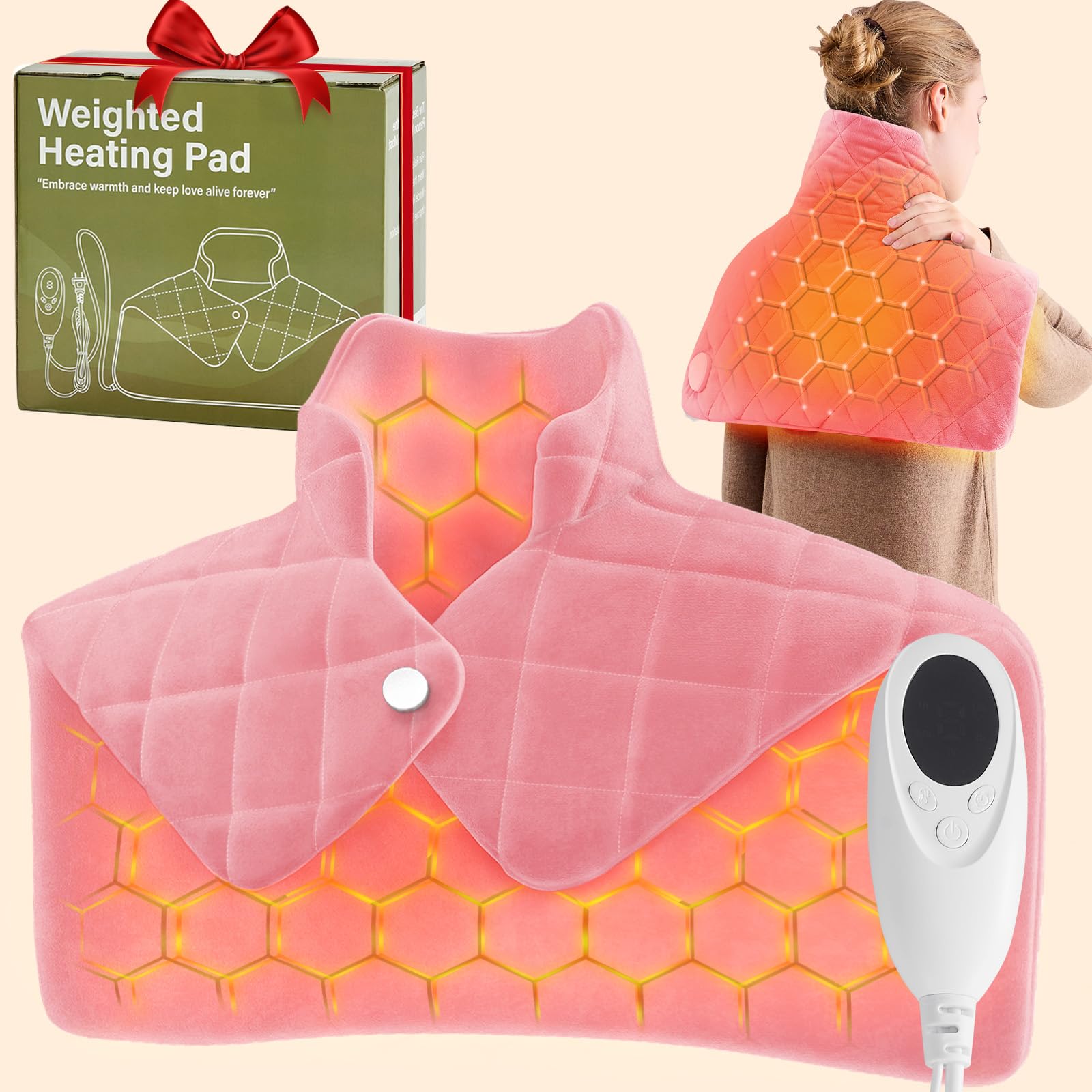OCTROT pink weighted heating pad focused on shoulders for even warmth.