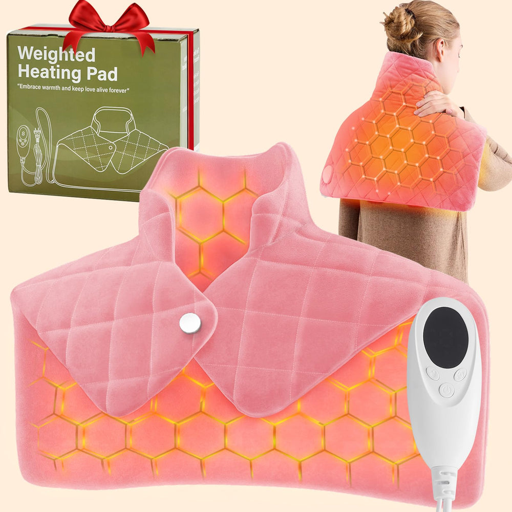 OCTROT pink weighted heating pad focused on shoulders for even warmth.