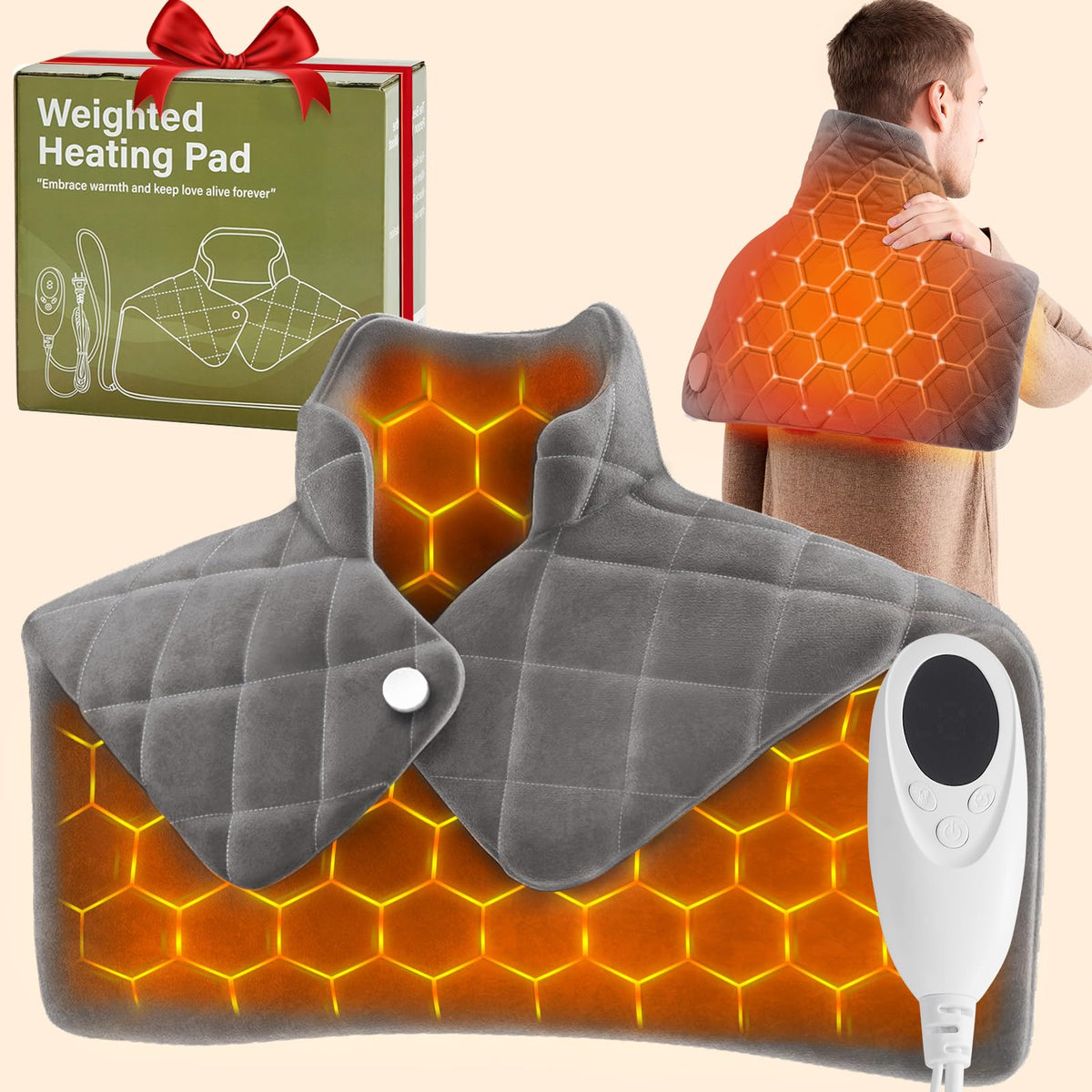 OCTROT weighted heating pad hugs neck and shoulders with even warmth.
