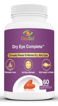 OcuSci Dry Eye Complete bottle shown, supports daily eye comfort and tear-film nourishment.