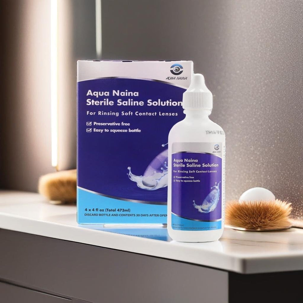 Oculus Curae Aqua Naina sterile saline liquid maintains lens clarity.