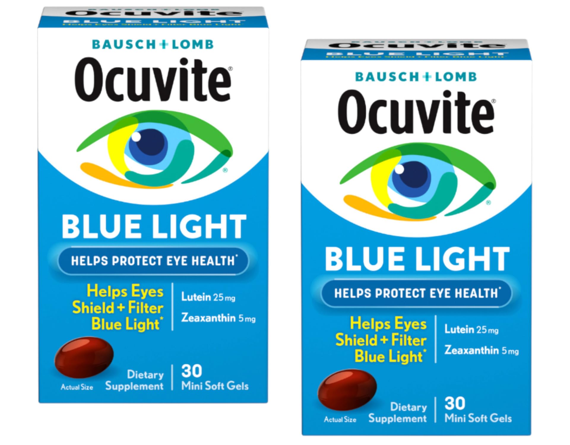 Ocuvite Blue Light bottle side view, two-pack packaging for convenient daily use.
