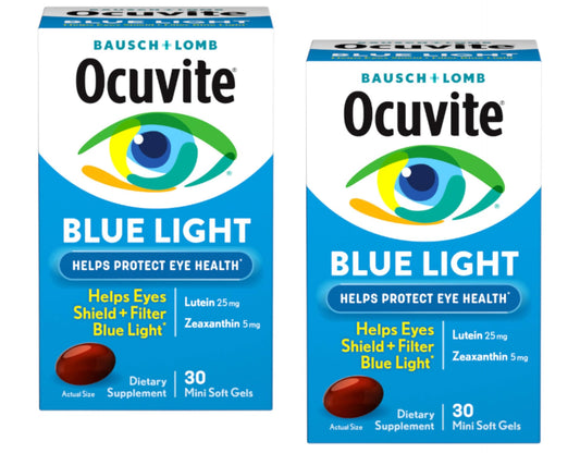 Ocuvite Blue Light bottle side view, two-pack packaging for convenient daily use.