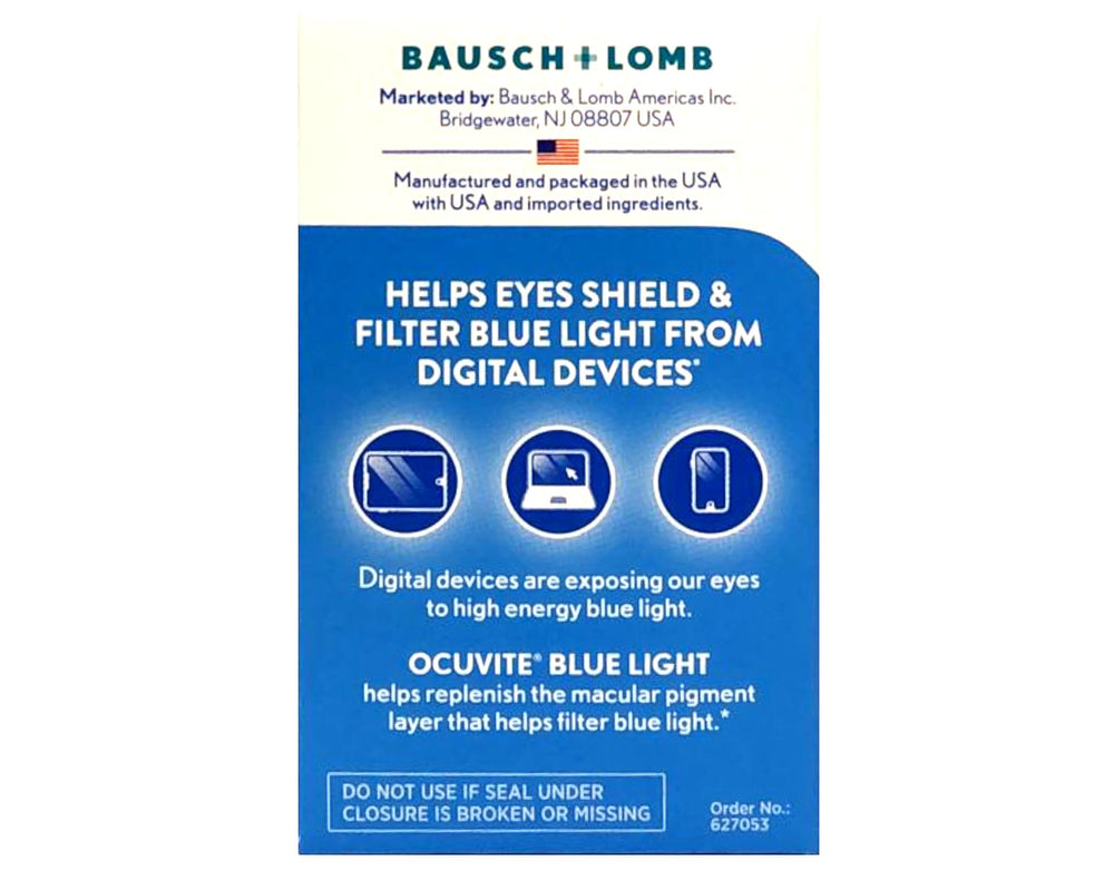 Ocuvite Blue Light softgels on white background, emphasizing easy swallowing.