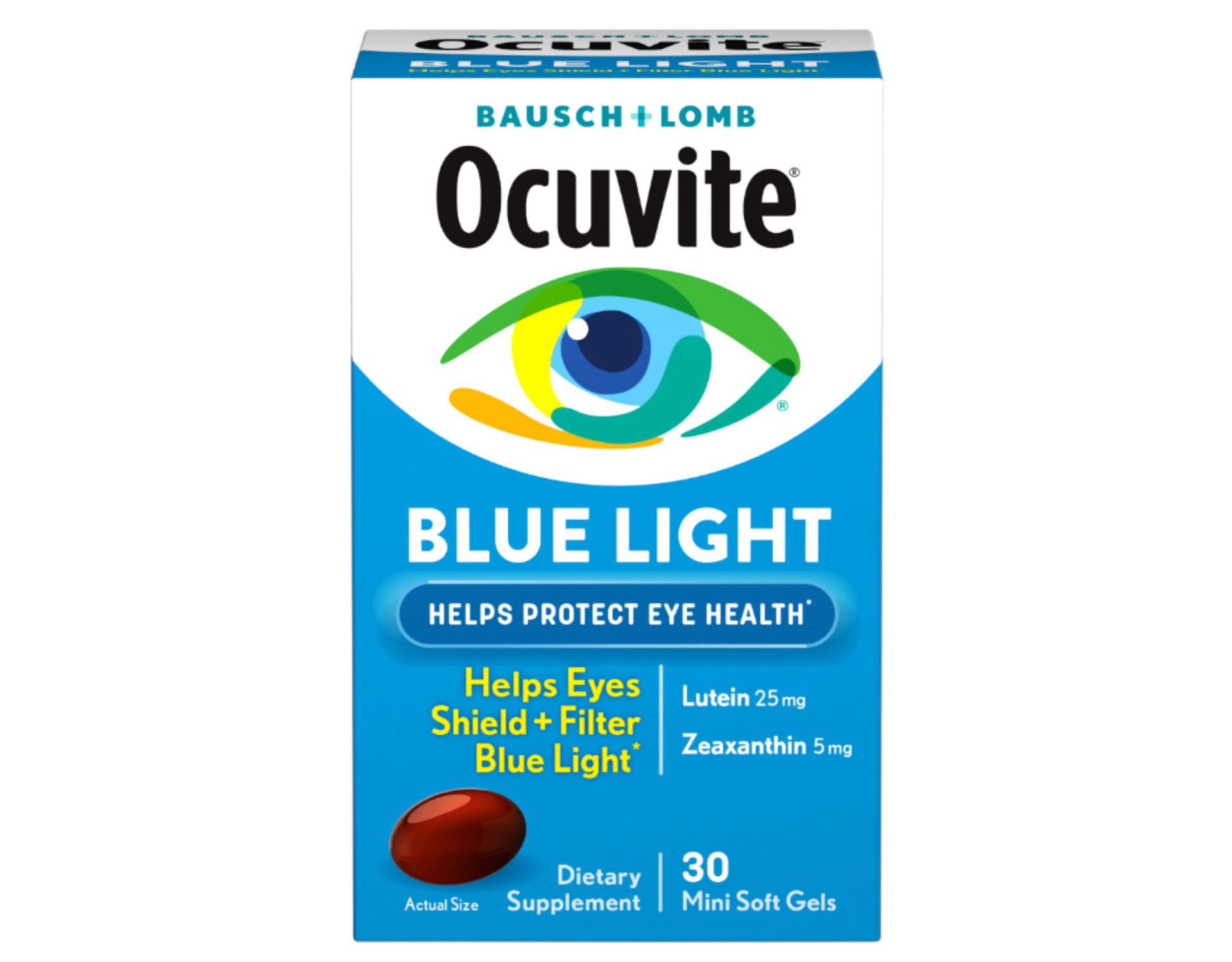 Ocuvite Blue Light softgels in a two-pack bottle, designed to support blue light filtration.