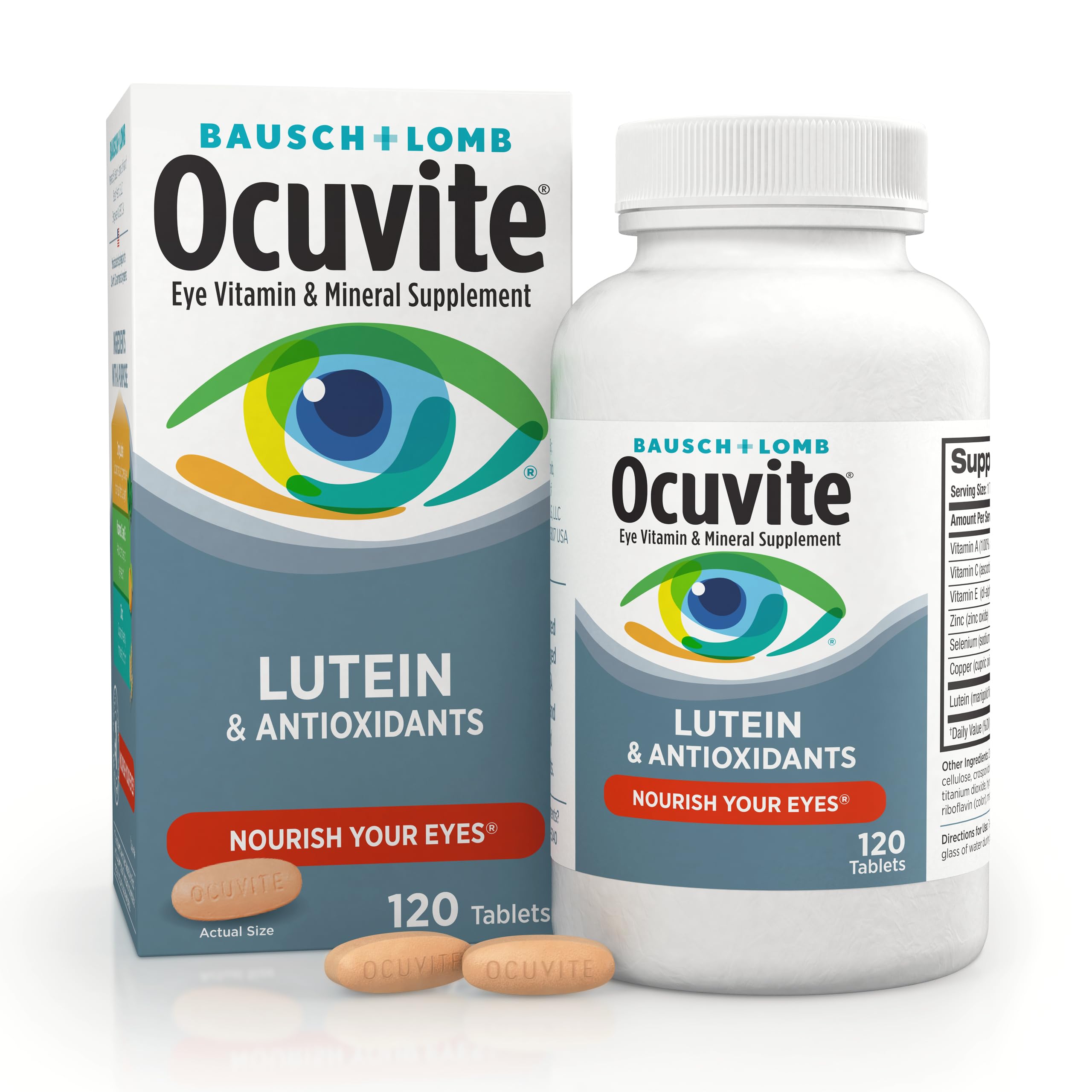 Ocuvite bottle with tablets being poured for daily use