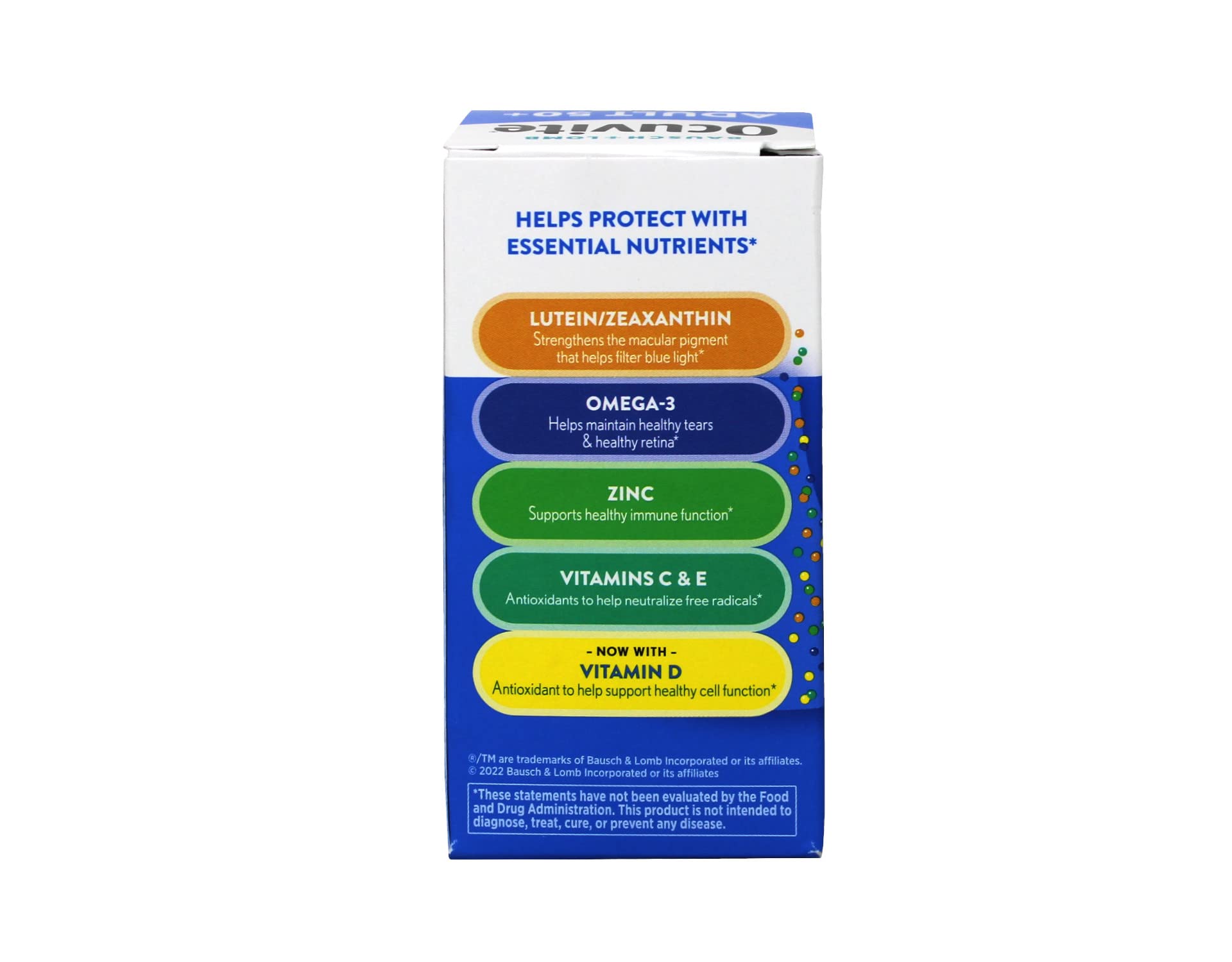 Close-up of Ocuvite omega-3 softgels showing compact capsules