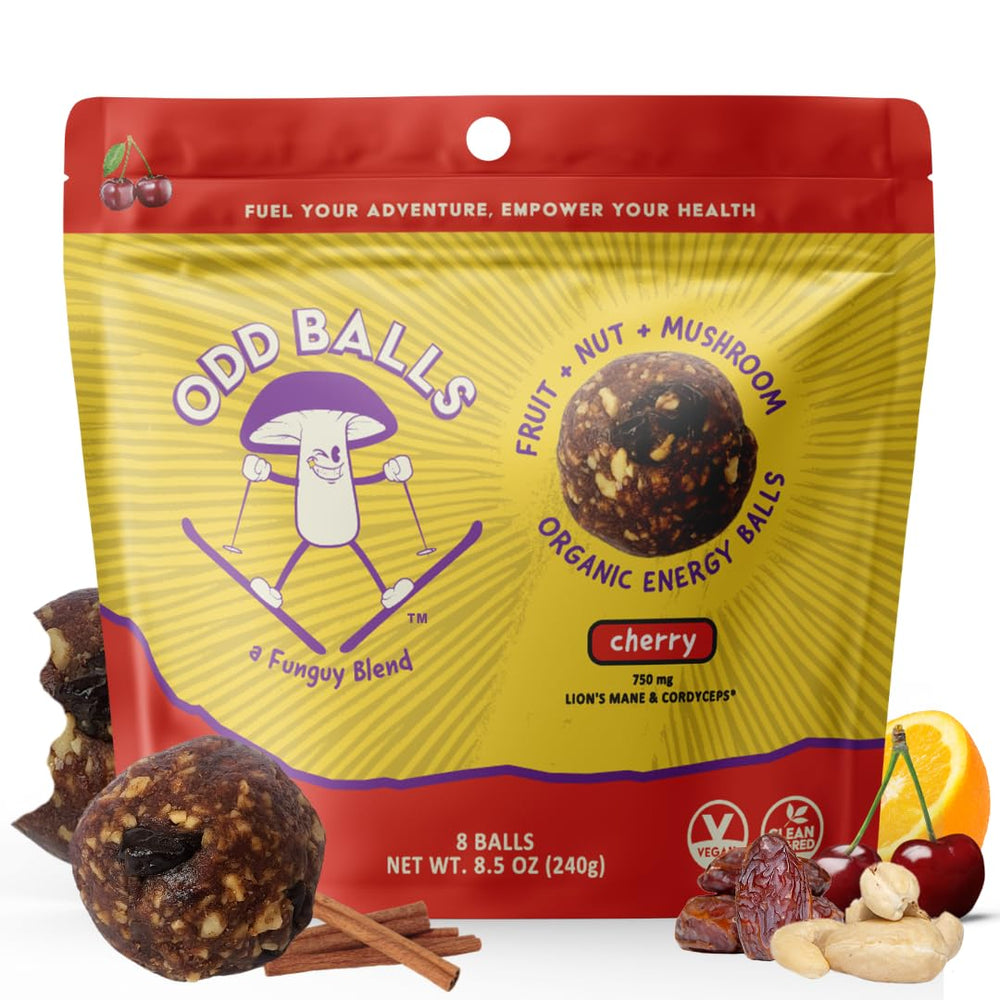 ODD BALLS Cherry Energy Balls packaging, organic vegan snack for on-the-go energy.