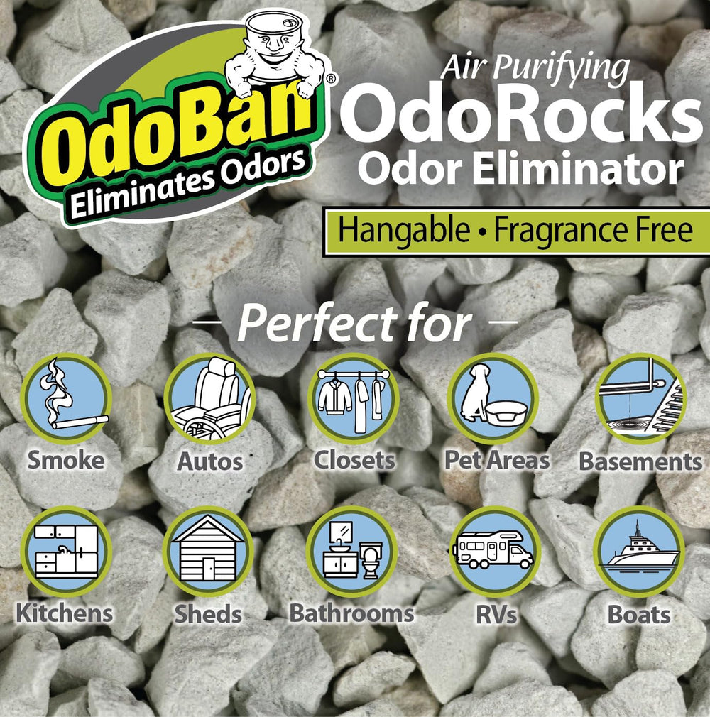 OdoBan OdoRocks bag open with visible volcanic rocks for odor control.