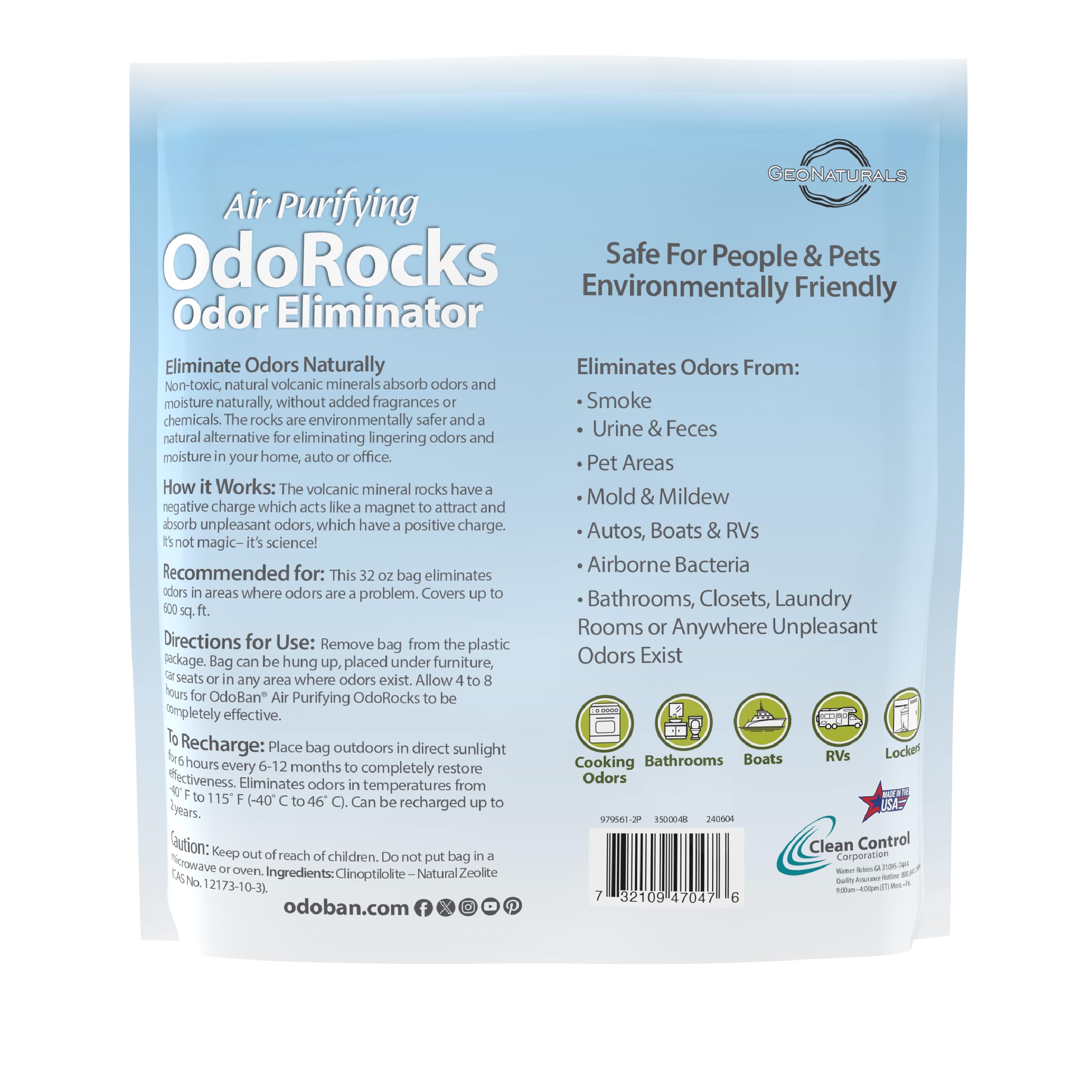 OdoBan OdoRocks bag side view highlighting compact odor eliminator.