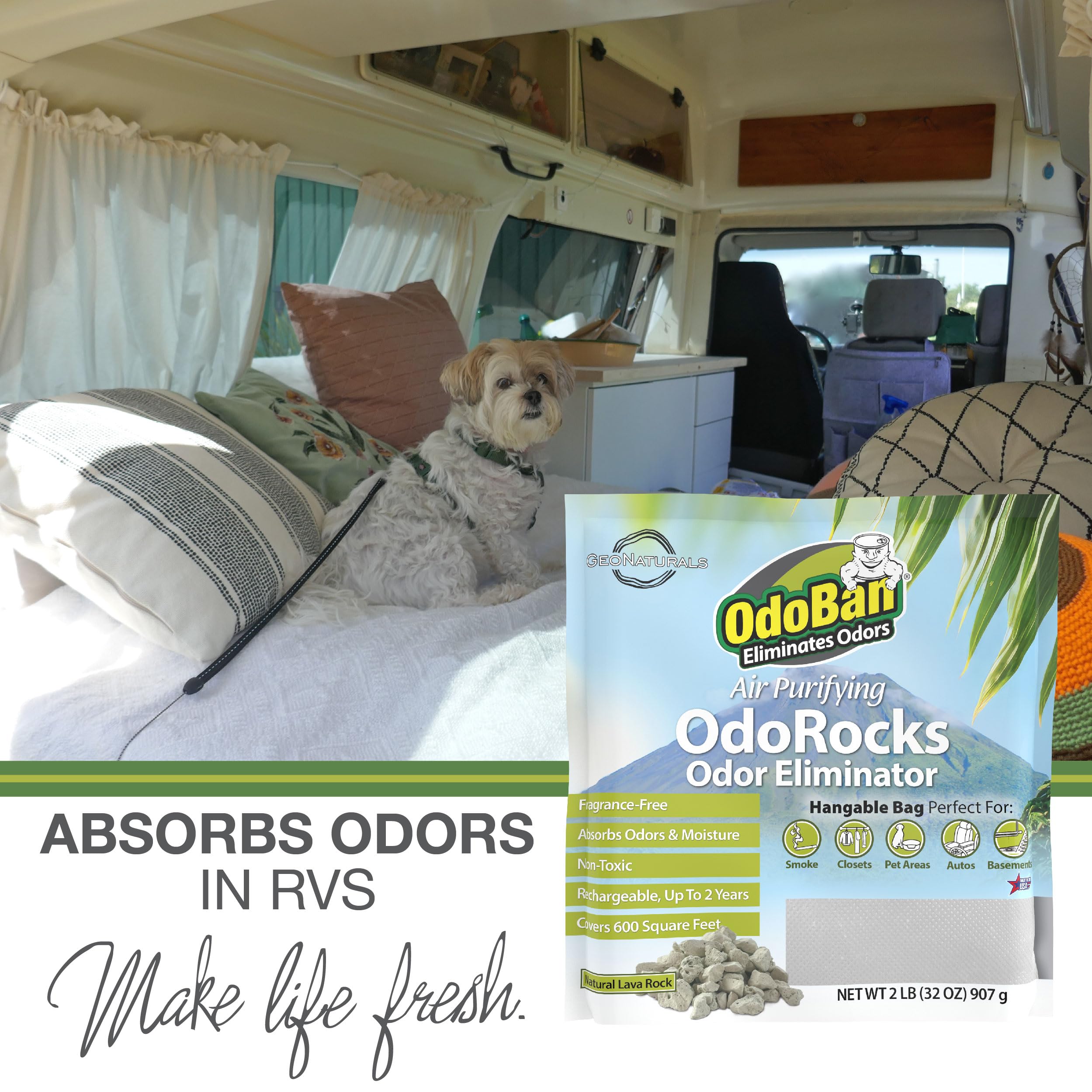 OdoBan OdoRocks placed near pet area showing odor management without fragrance.