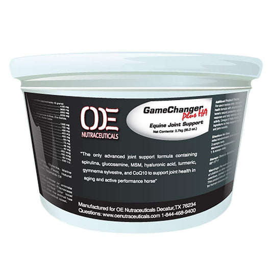 Oe Nutraceuticals Game Changer Plus HA equine joint support bottle enhances joint lubrication and comfort.