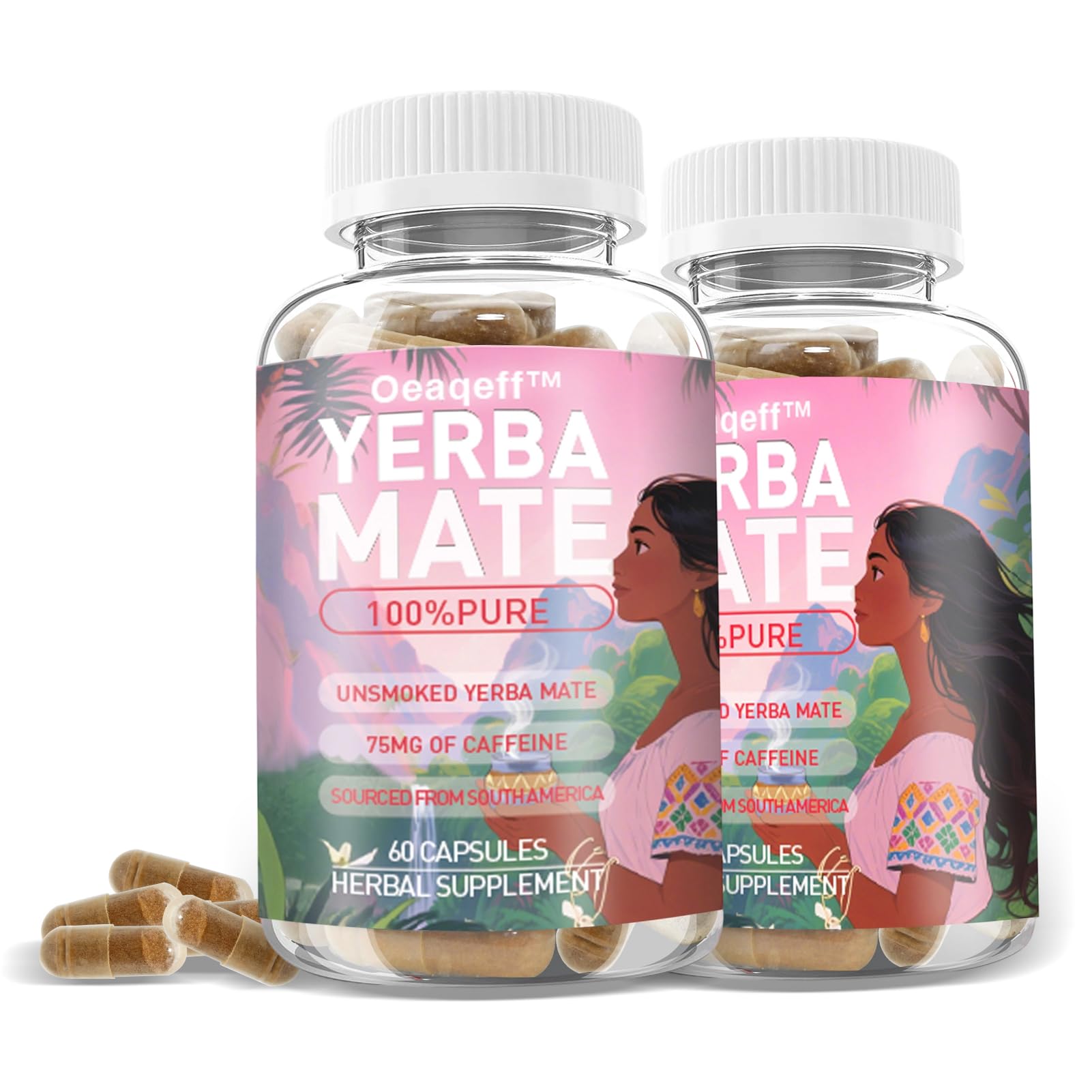 Oeaqeff Yerba Mate capsules bottle visible for steady energy and focus