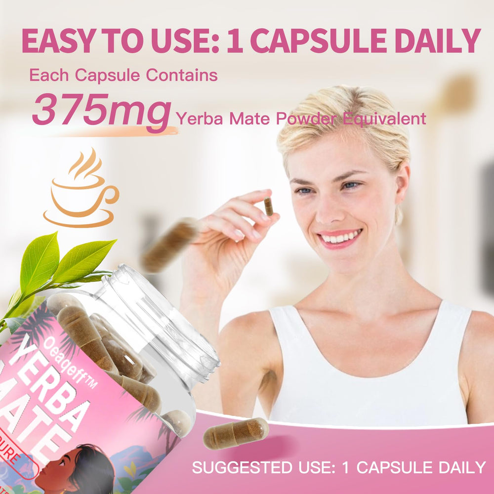 Closeup of Yerba Mate capsules highlighting natural caffeine for alertness
