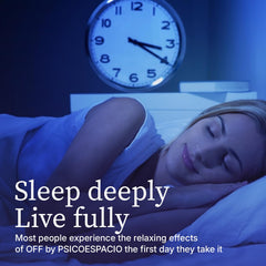 OFF BY PSICOESPACIO melatonin and L-theanine combo visuals suggest balanced calm.