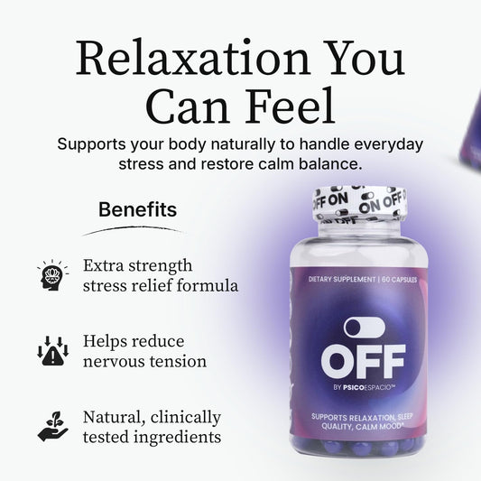 OFF BY PSICOESPACIO packaging image highlights easy nightly routine for improved sleep.