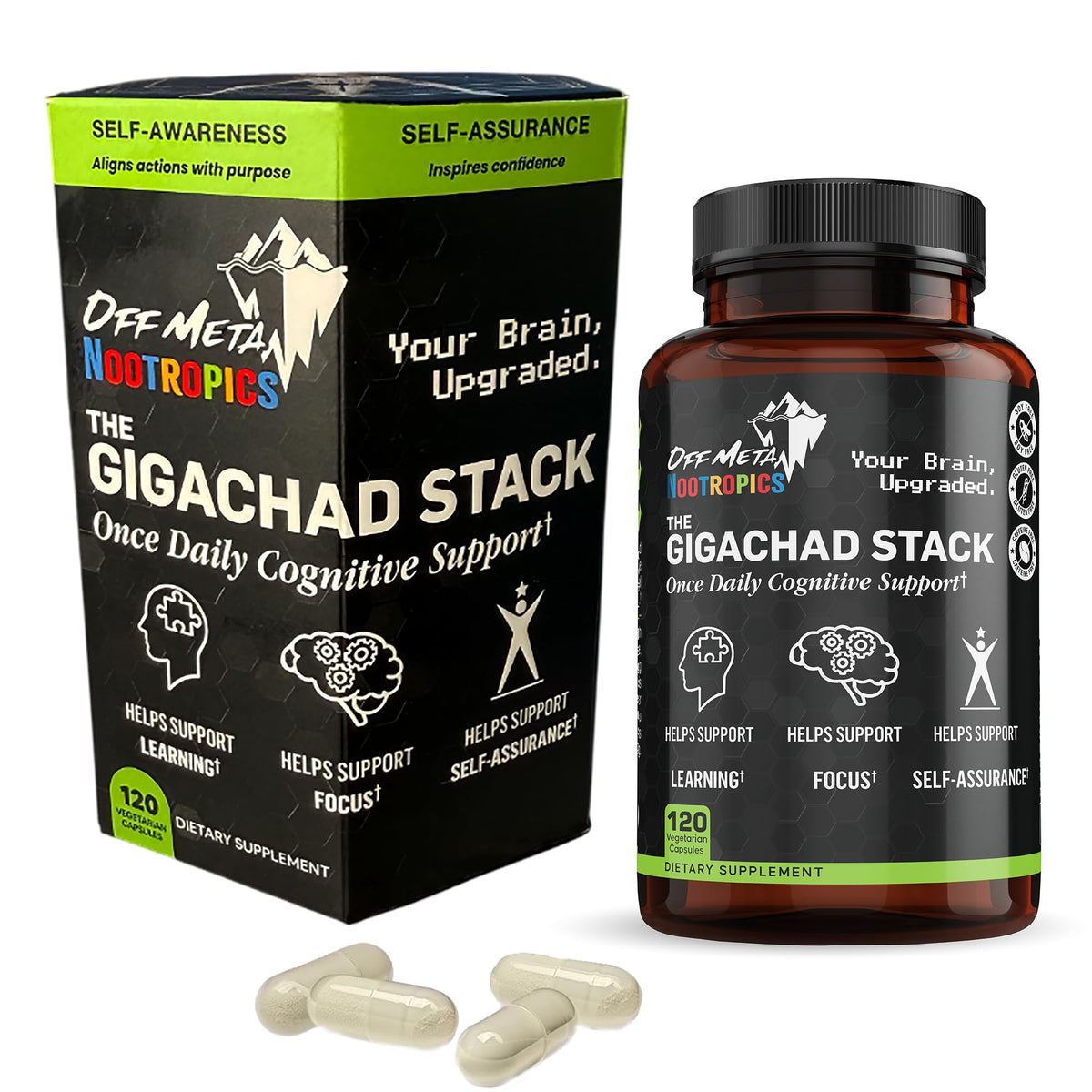 Off Meta Gigachad Stack bottle close-up for focused study sessions