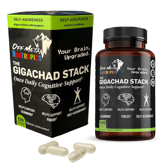 Off Meta Gigachad Stack bottle close-up for focused study sessions