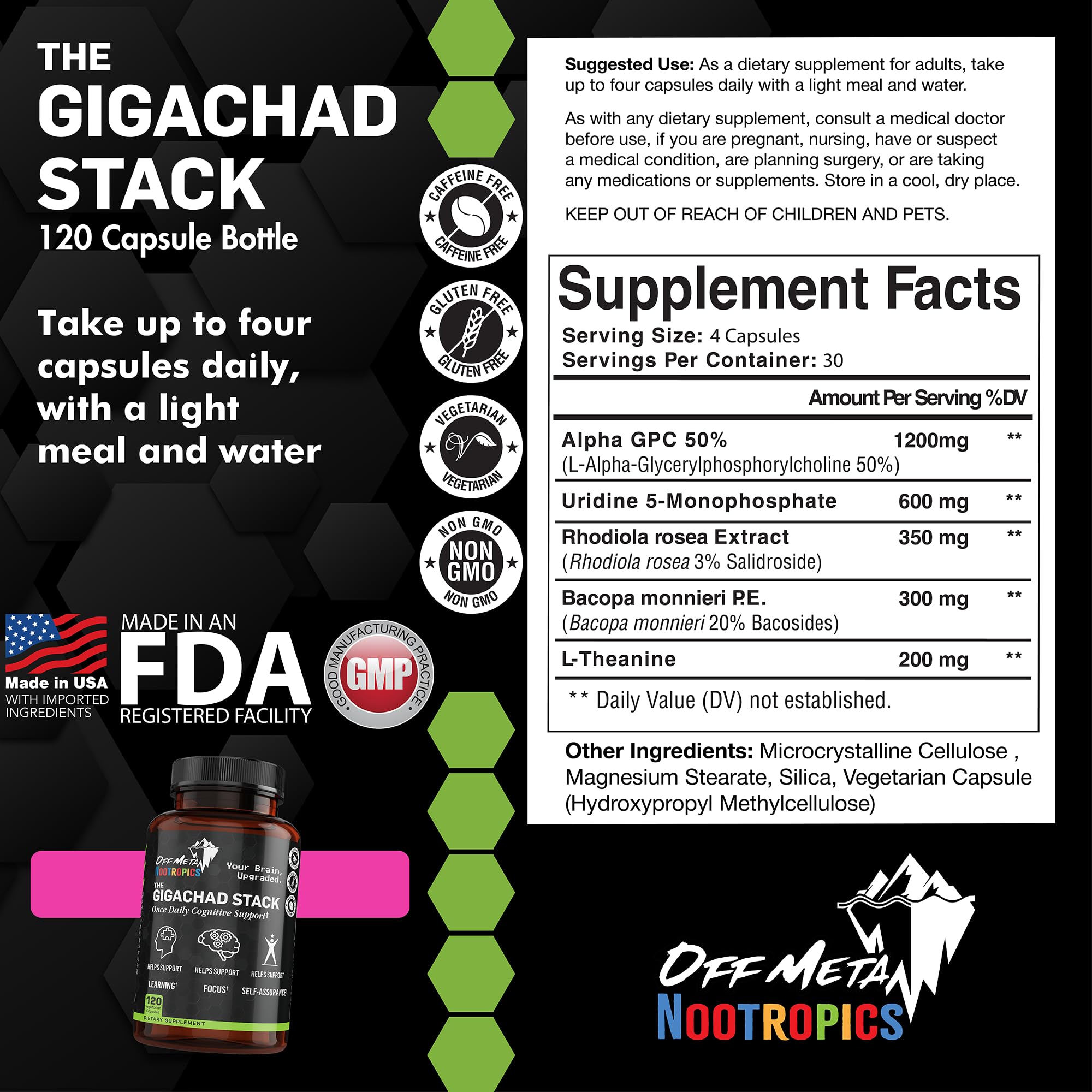 Off Meta Gigachad Stack capsules close-up showing easy-to-swallow design for gamers