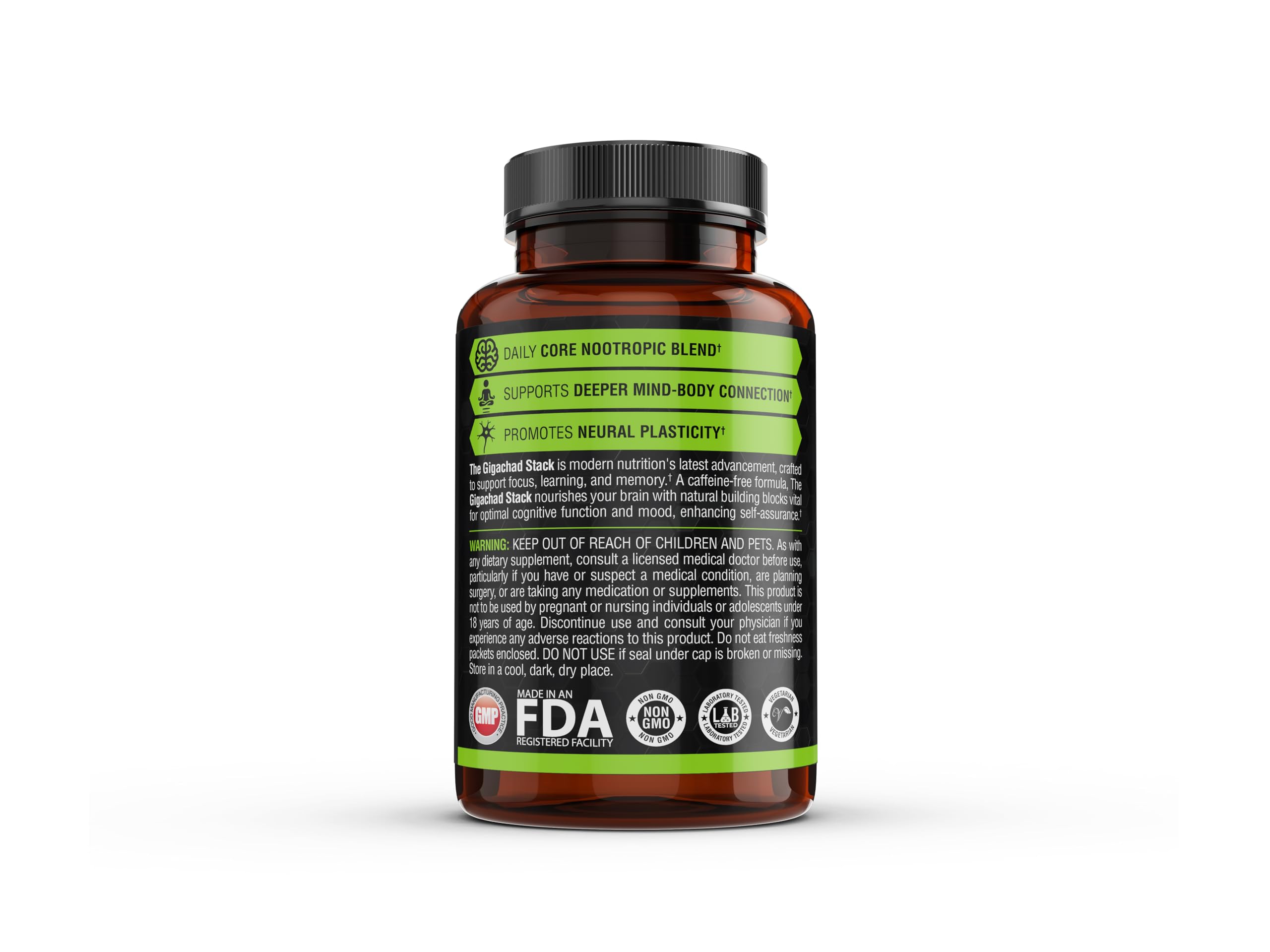 Open bottle of Gigachad Stack capsules ready for daily cognitive support