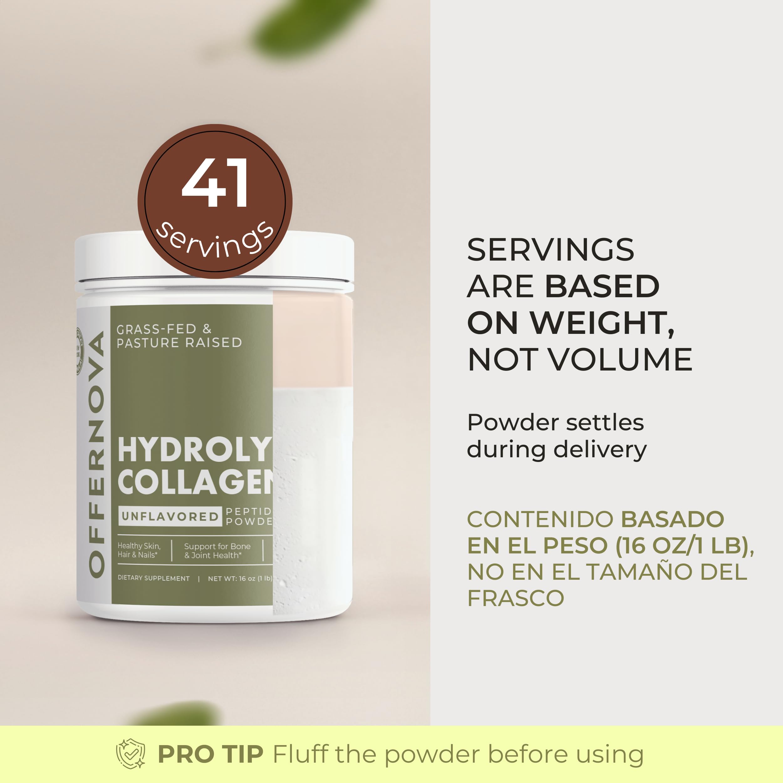 Collagen powder bottle beside ingredients panel in labeled packaging