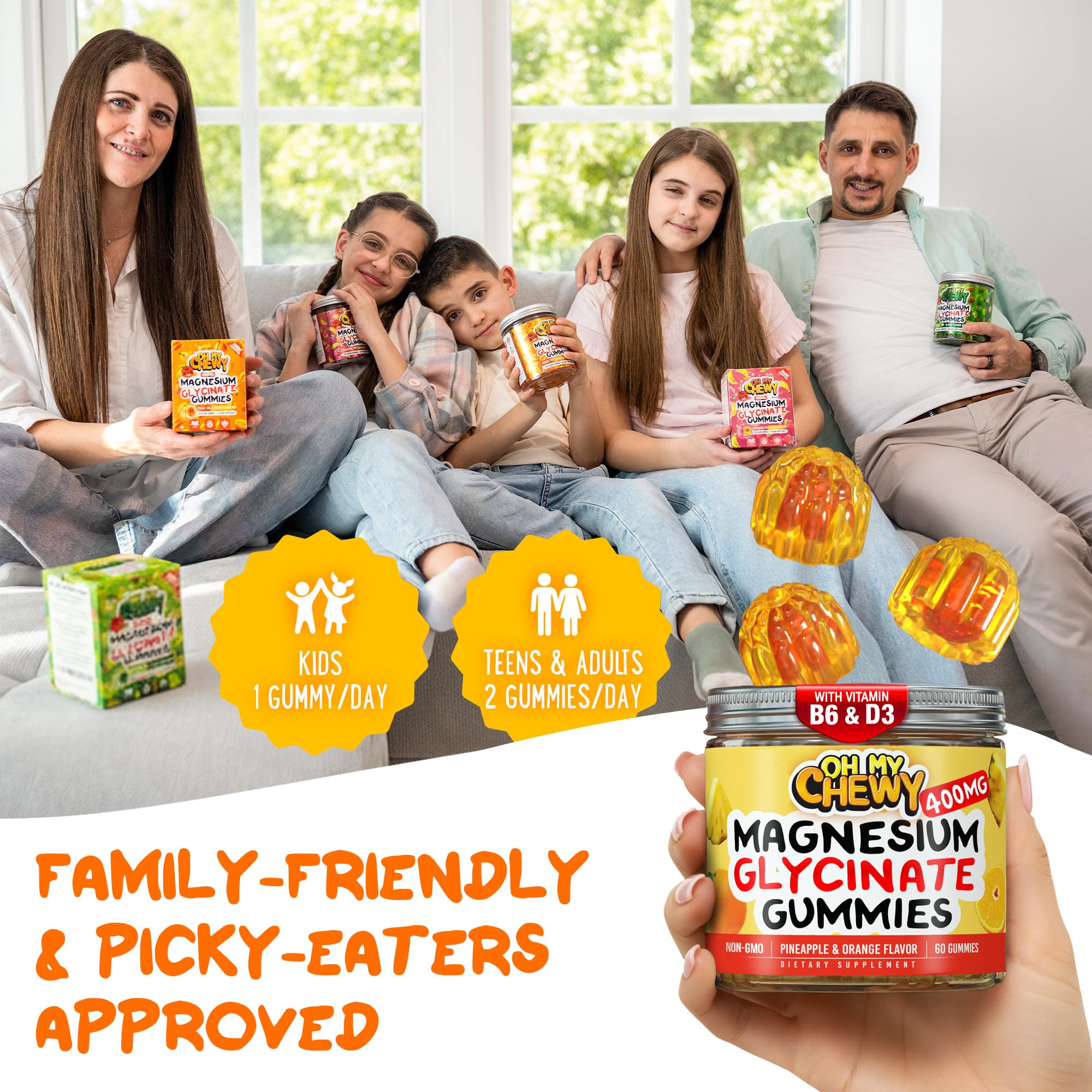 Family scene with OH MY CHEWY gummies in daily routine