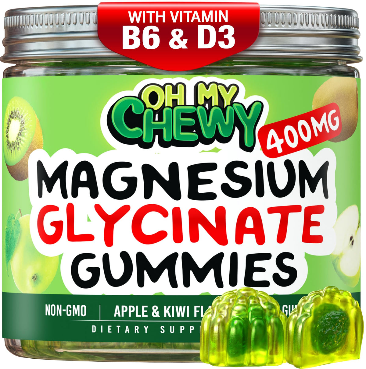 OH MY CHEWY center-filled magnesium glycinate gummies jar close-up highlighting high absorption formula