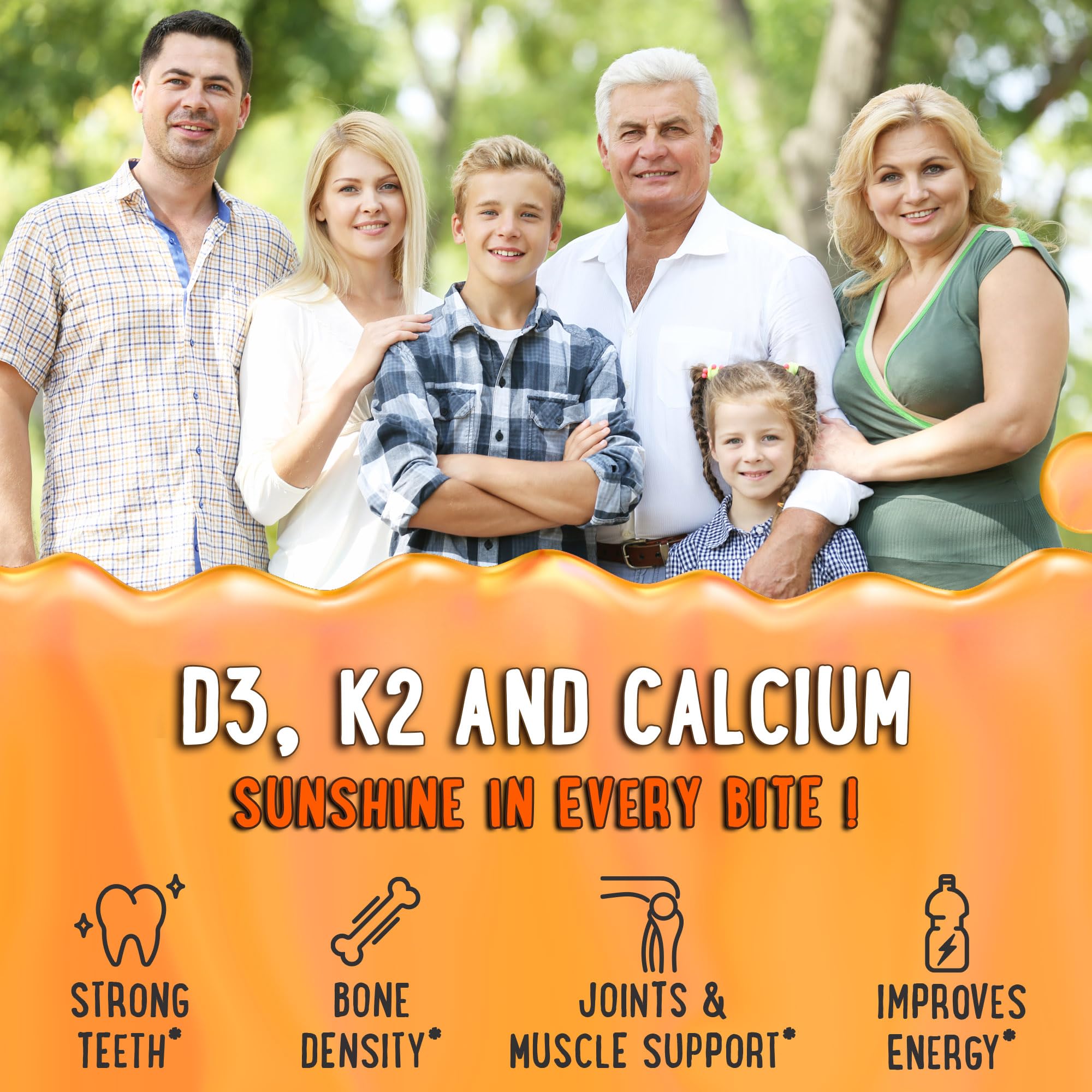 OH MY CHEWY D3 K2 calcium gummies bottle label, vegan and non-GMO formula.
