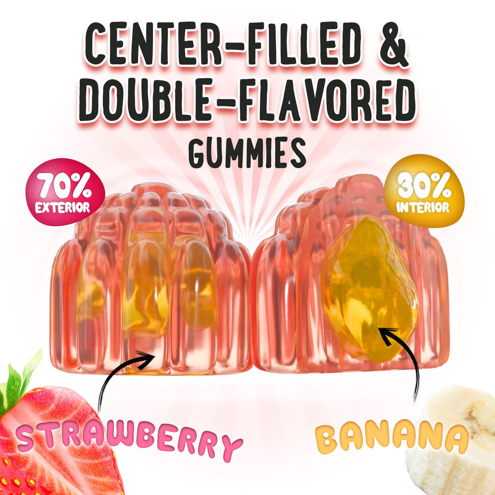 OH MY CHEWY dual-flavor gummies close-up emphasizing tasty routine for families.