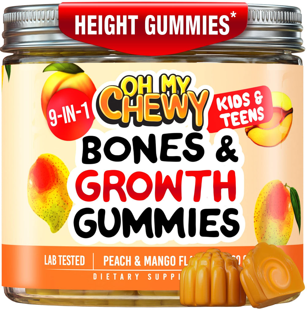 OH MY CHEWY height growth gummies bottle in peach mango flavor for growing kids