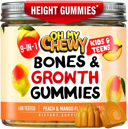 OH MY CHEWY height growth gummies bottle in peach mango flavor for growing kids