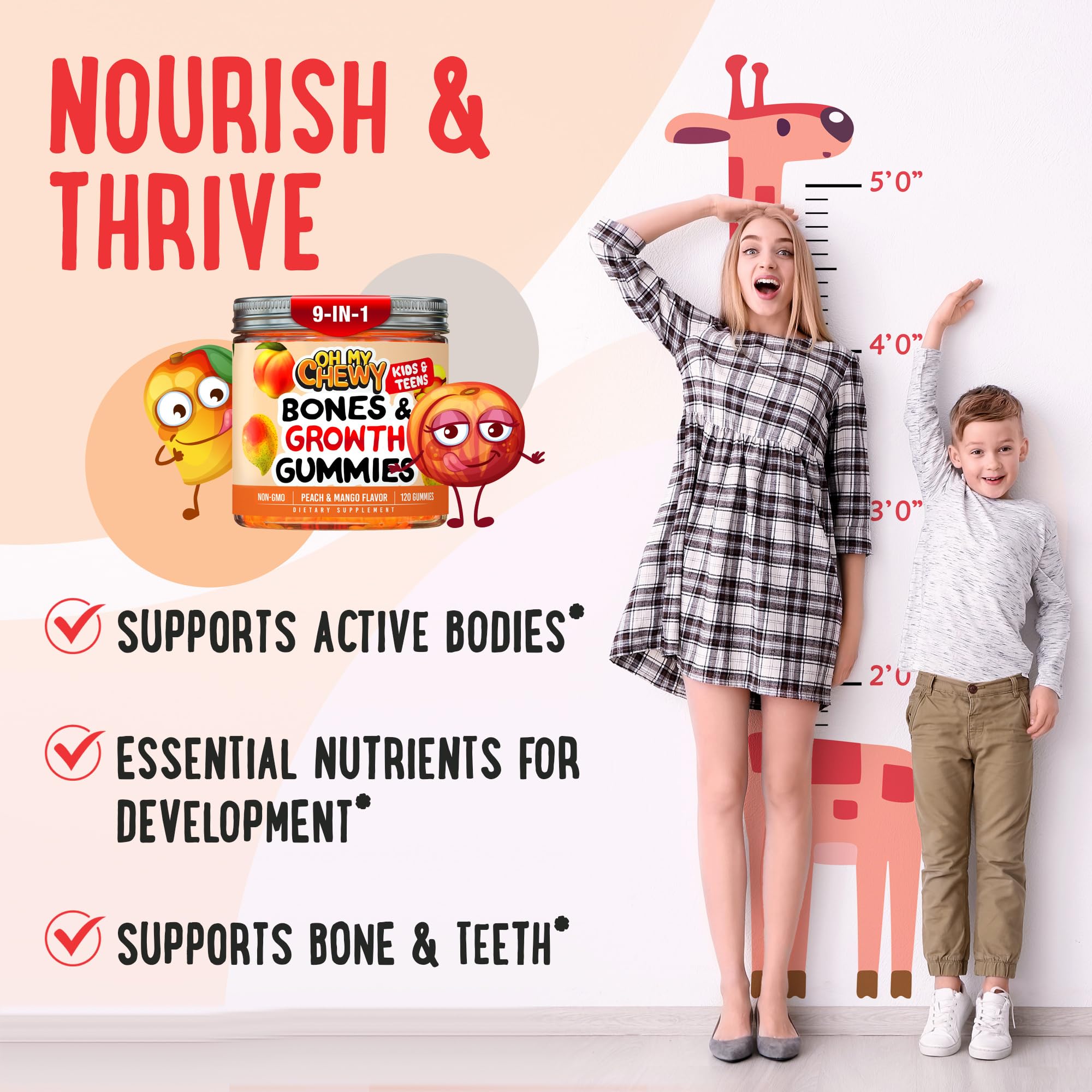 OH MY CHEWY height growth ingredients label featuring calcium and vitamin D3