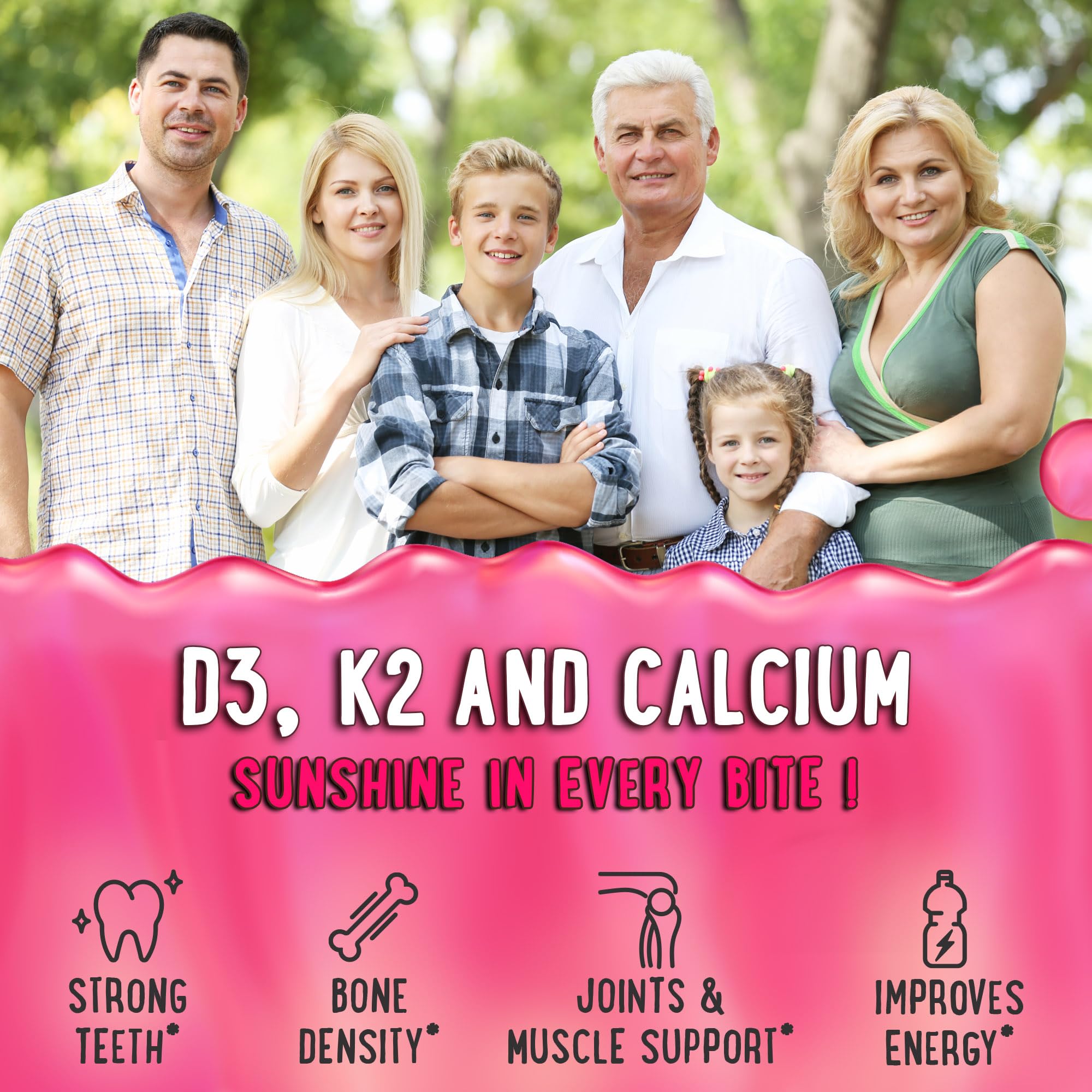 OH MY CHEWY vitamin D3 K2 calcium gummy close-up showing nutrient synergy.
