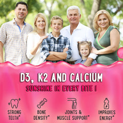 OH MY CHEWY vitamin D3 K2 calcium gummy close-up showing nutrient synergy.