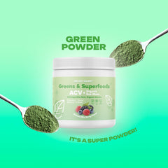 Oh My Glow! Super Greens packaging on countertop, highlighting gluten-free formula.