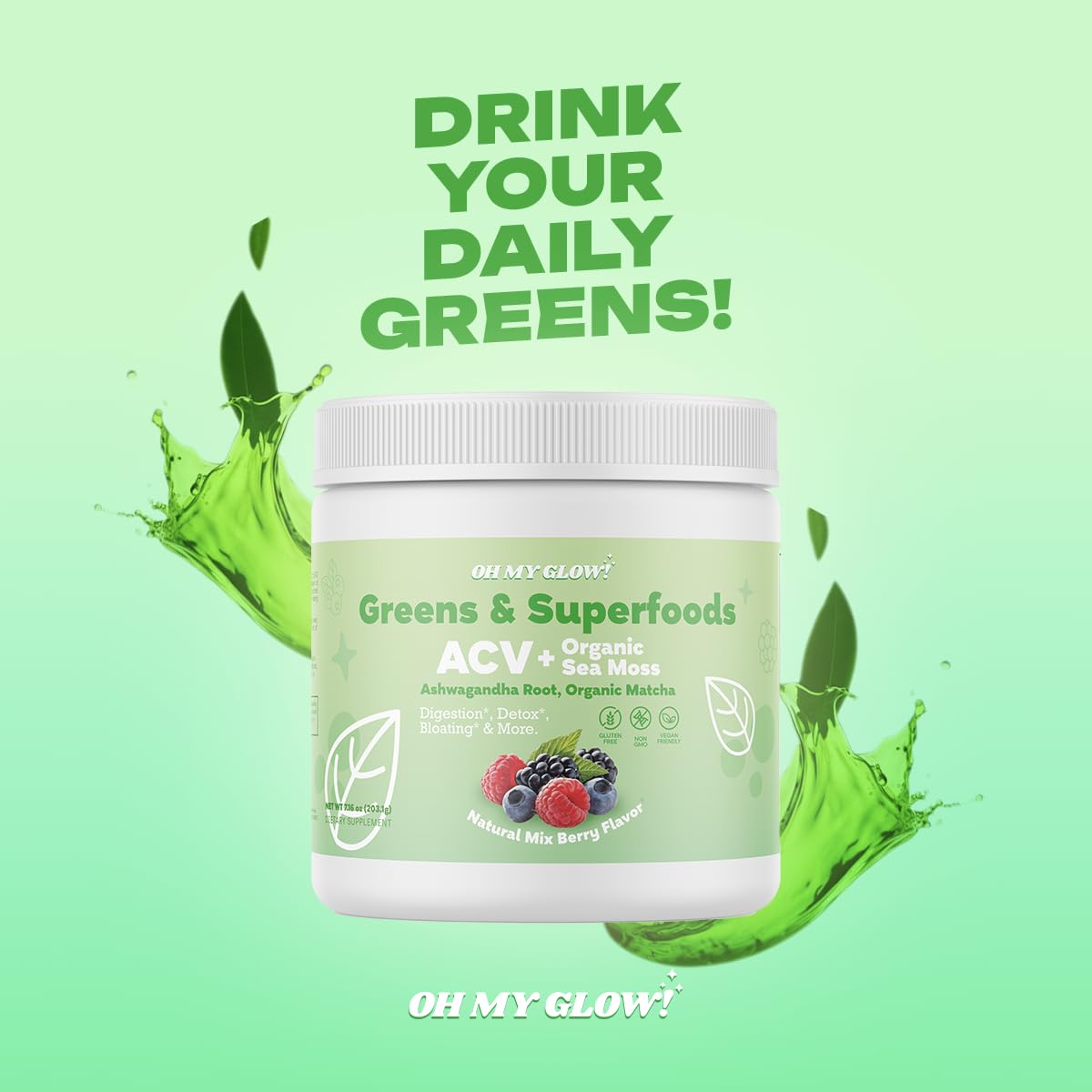 Oh My Glow! Super Greens smoothie glass with green blend for digestion support.