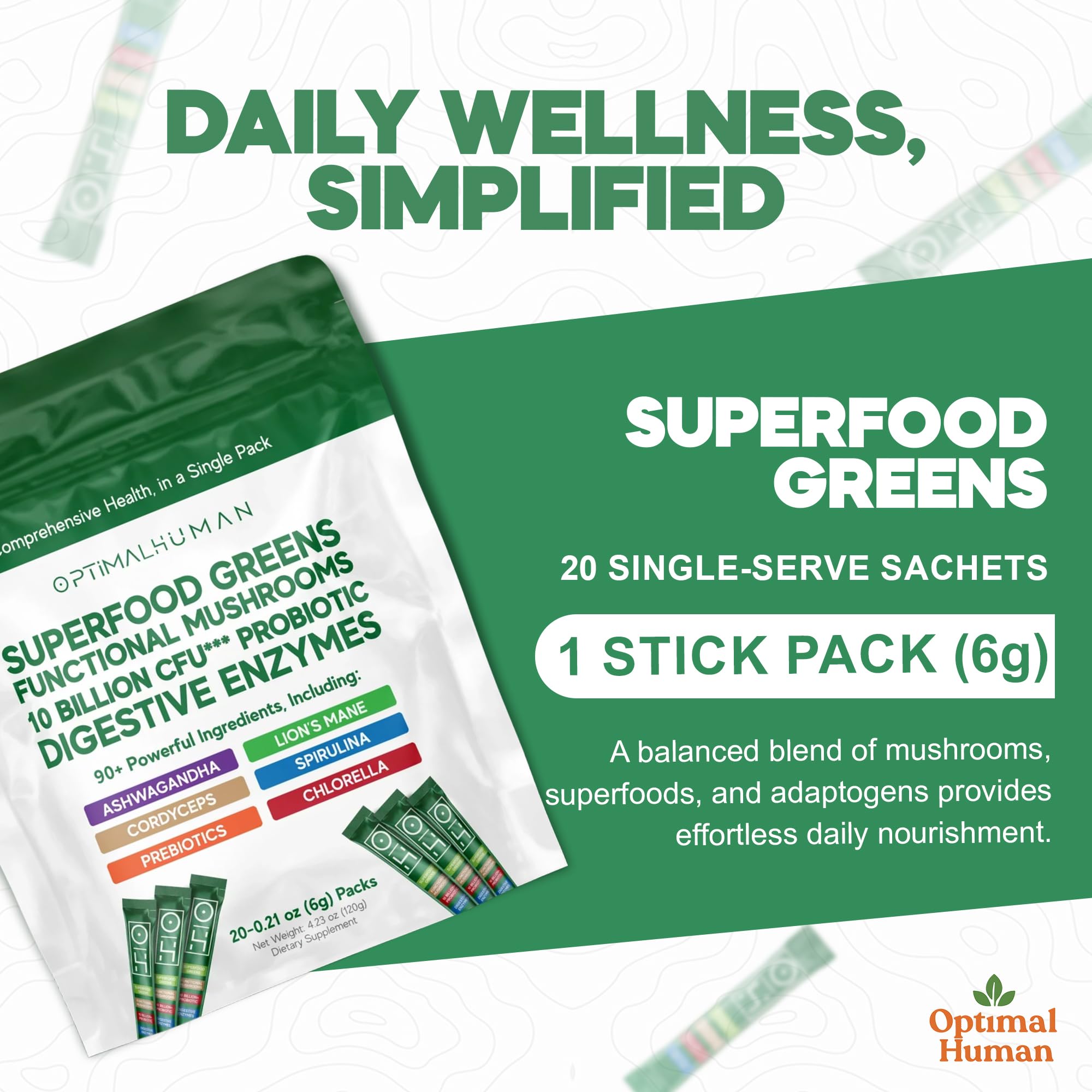 OH greens powder being poured into glass for a nourishing 8–12 oz hydration.