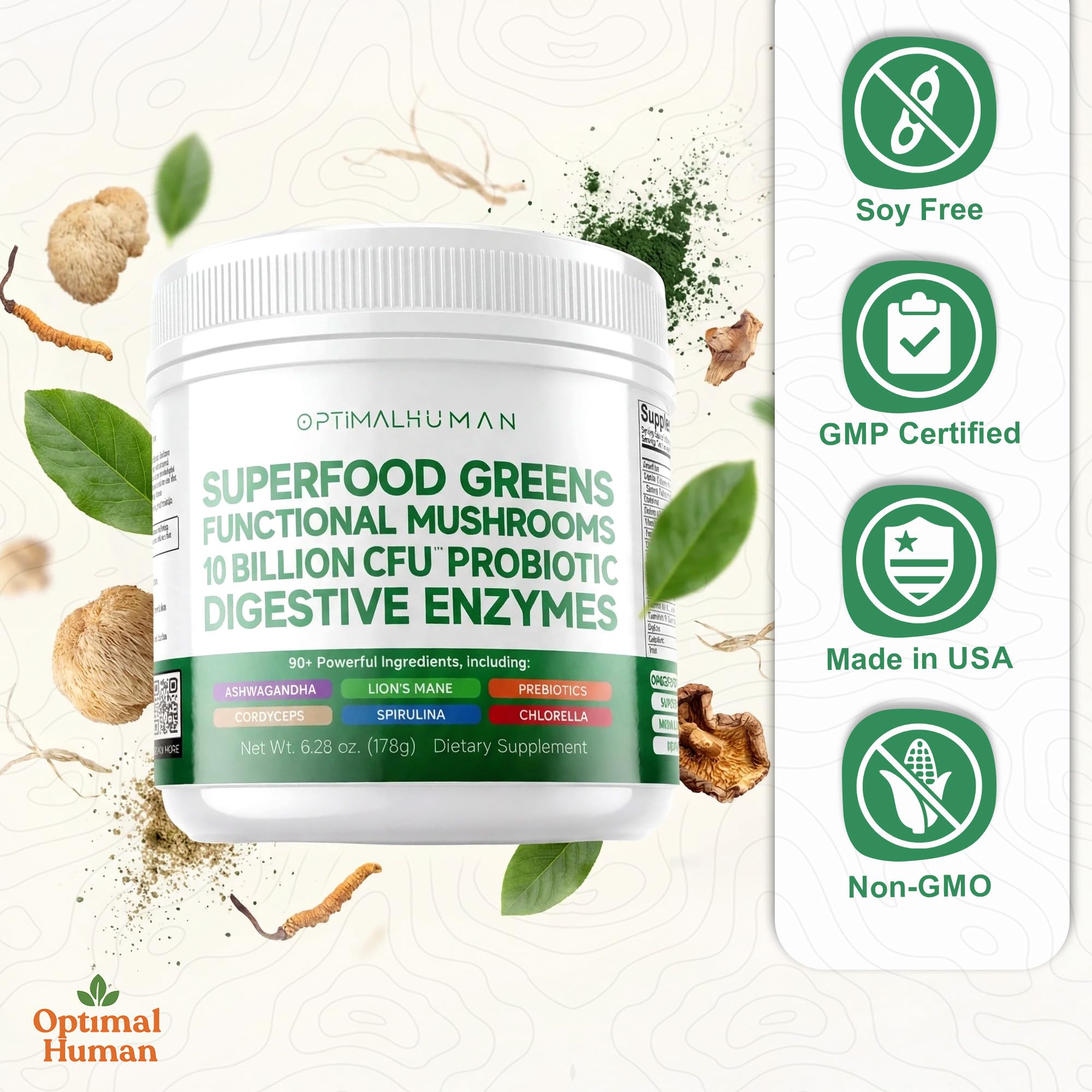 O H Optimal Human ingredients-closeup emphasizes organic, nutrient-rich superfoods.