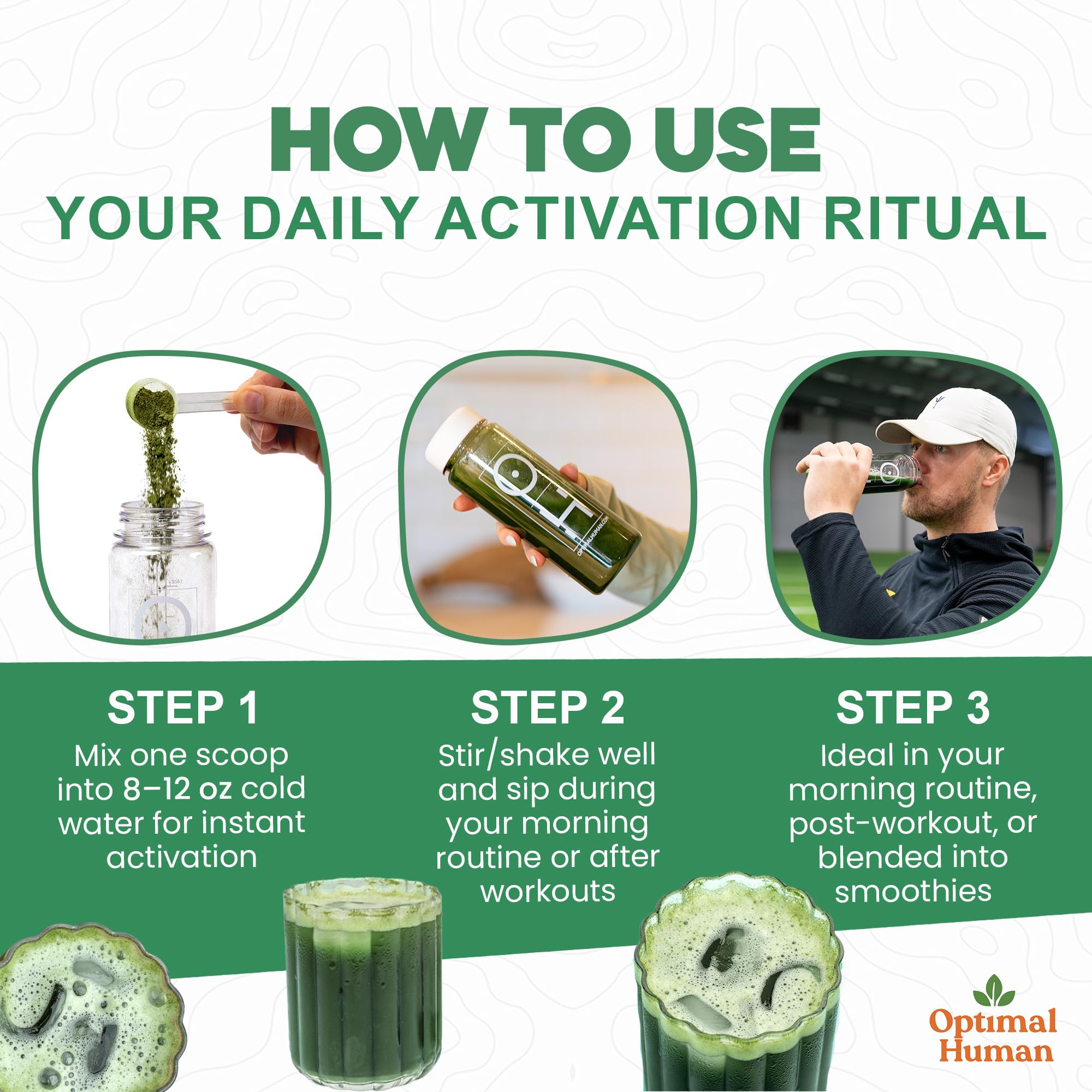O H Optimal Human mixed-in-water-glass demonstrates easy hydration and daily intake.
